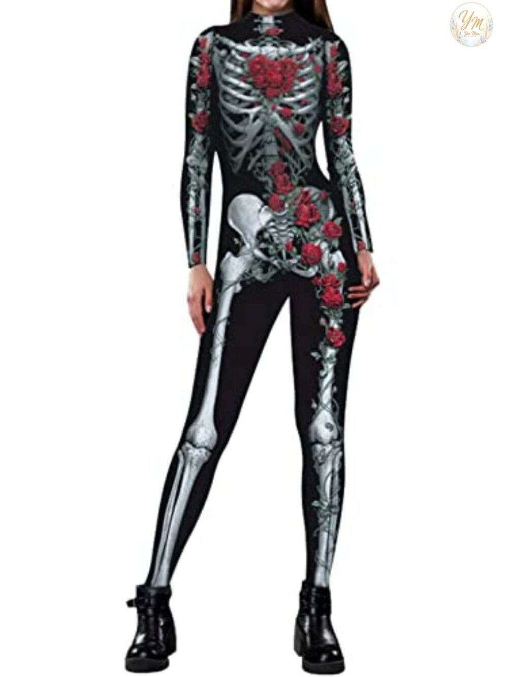 Womens Halloween Skeleton Costume Skull Bodysuit Jumpsuit Zip Back